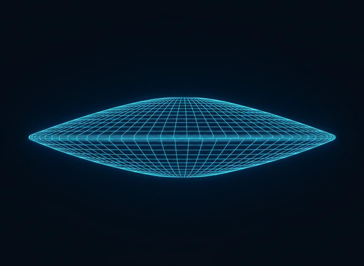 Ellipsoid lưới wireframe ngang, dẹt, cyan, nền tối